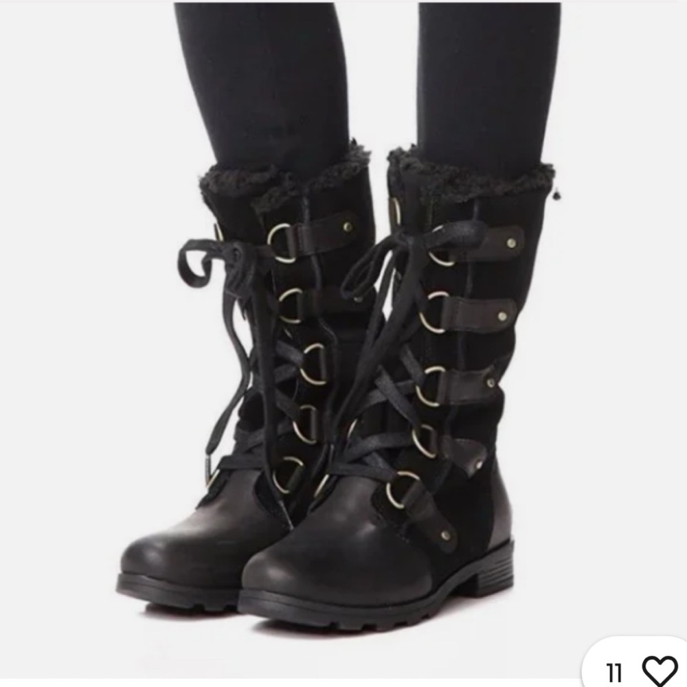 SOREL Emelie Lace Up Winter Boots Black Leather Waterproof Insulated Combat 6.5